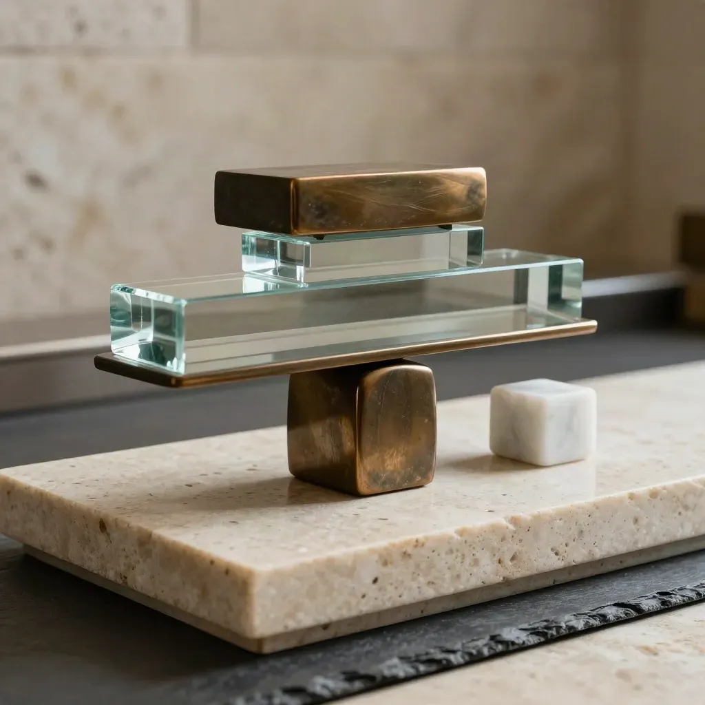 Bronze and glass blocks balanced beside a marble cube on a limestone plinth.