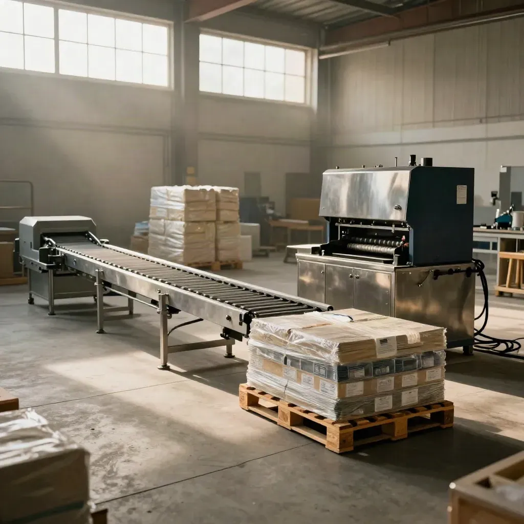 Industrial expansion bay with new machinery, stacked pallets and warm window light.