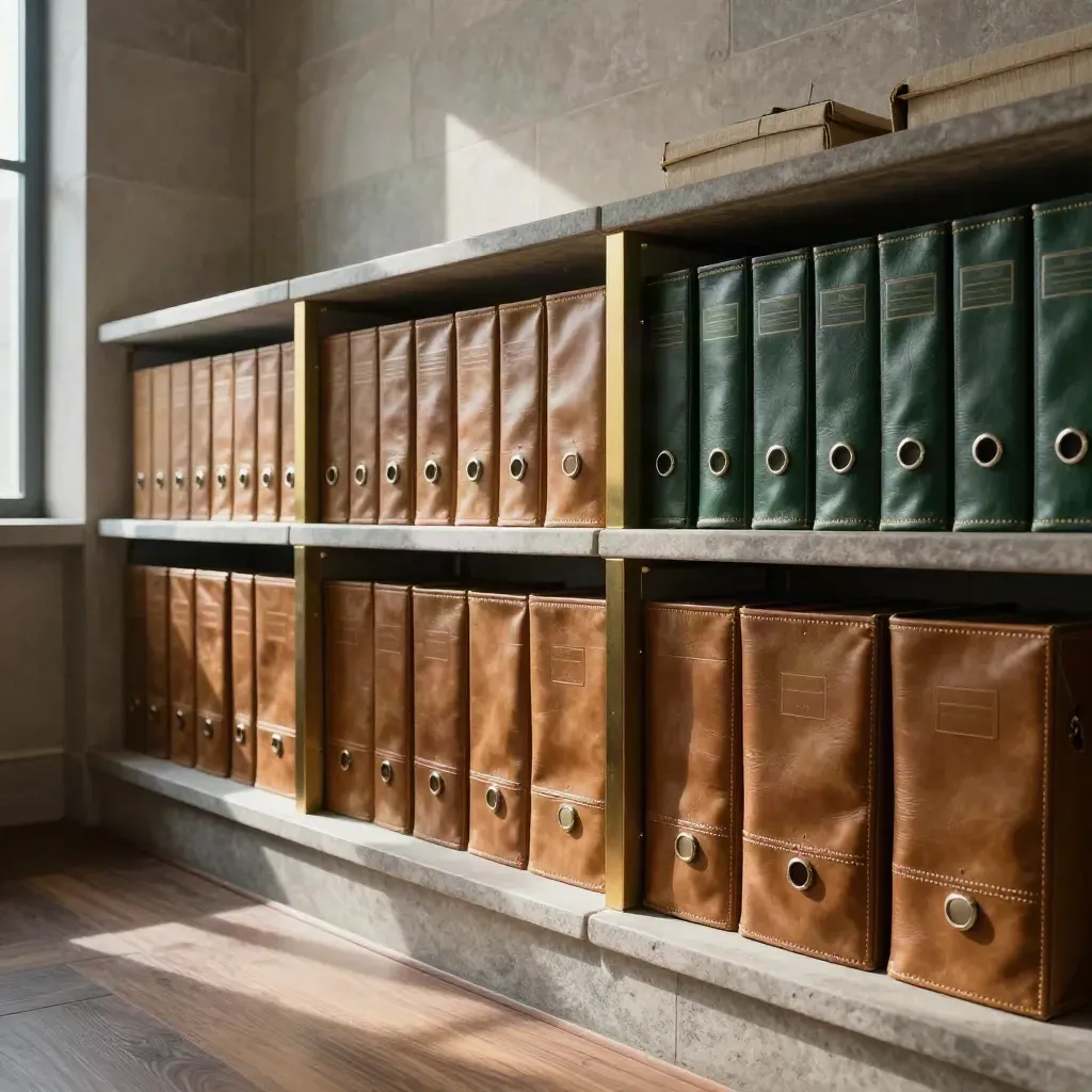 Stone archive shelf with leather binders, boxes and brass divider in warm late-afternoon light.