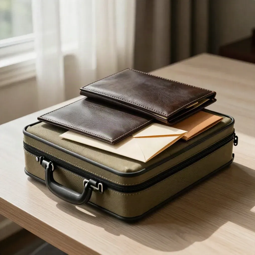 Travel-ready presentation cases, envelopes and leather folio on a hotel table