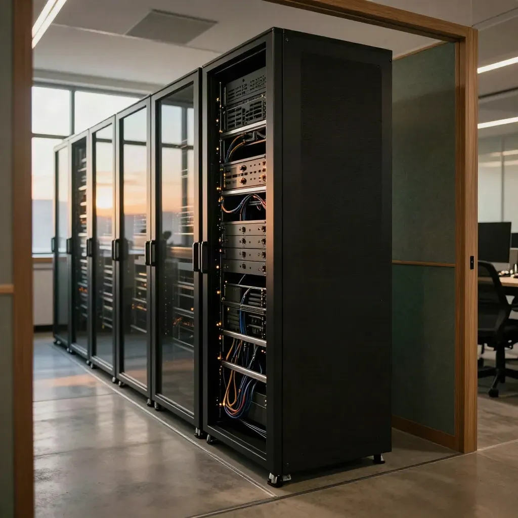 Low-angle server racks glowing in a warm startup operations suite with glass pods and haze.