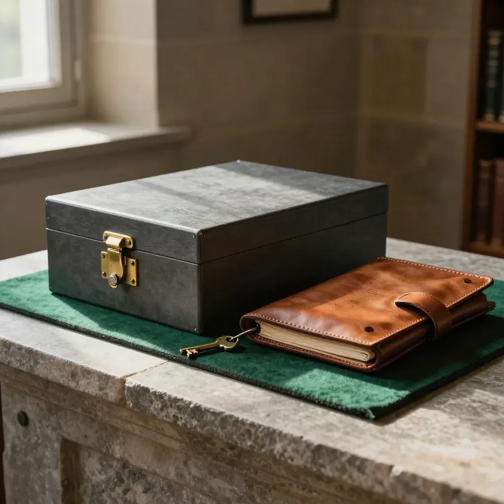 Locked archive box, brass key and leather document case on a stone credenza in warm late-afternoon light.