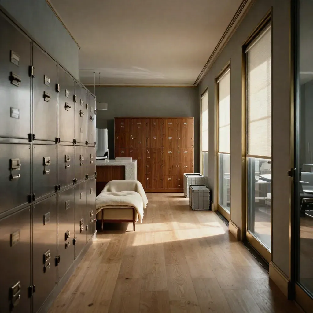 Empty office suite with archive cabinets, wrapped furniture and a quiet reception area in cinematic light.