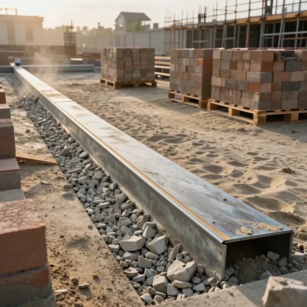 Fresh foundation, stacked materials and formwork on a new development site in warm evening light.