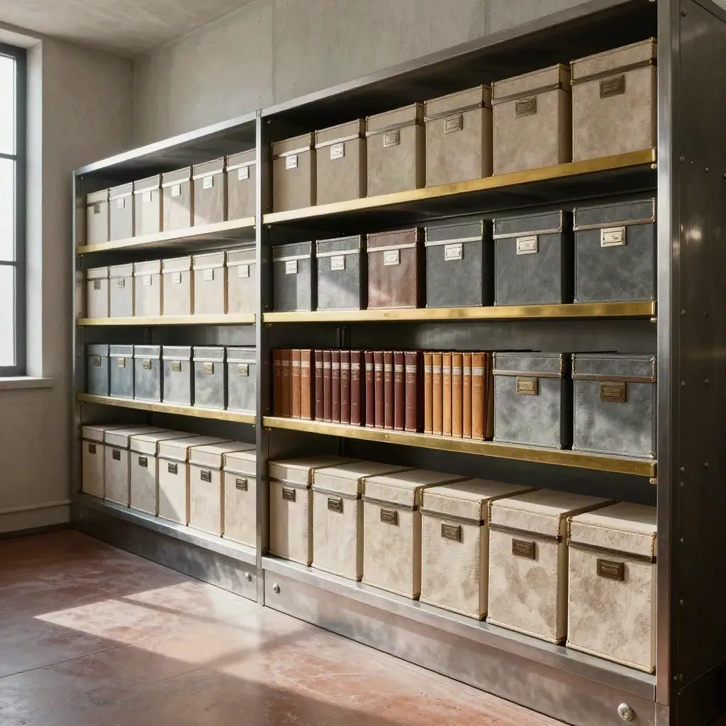 Vault shelf of archival boxes and brass dividers in a climate-controlled archive