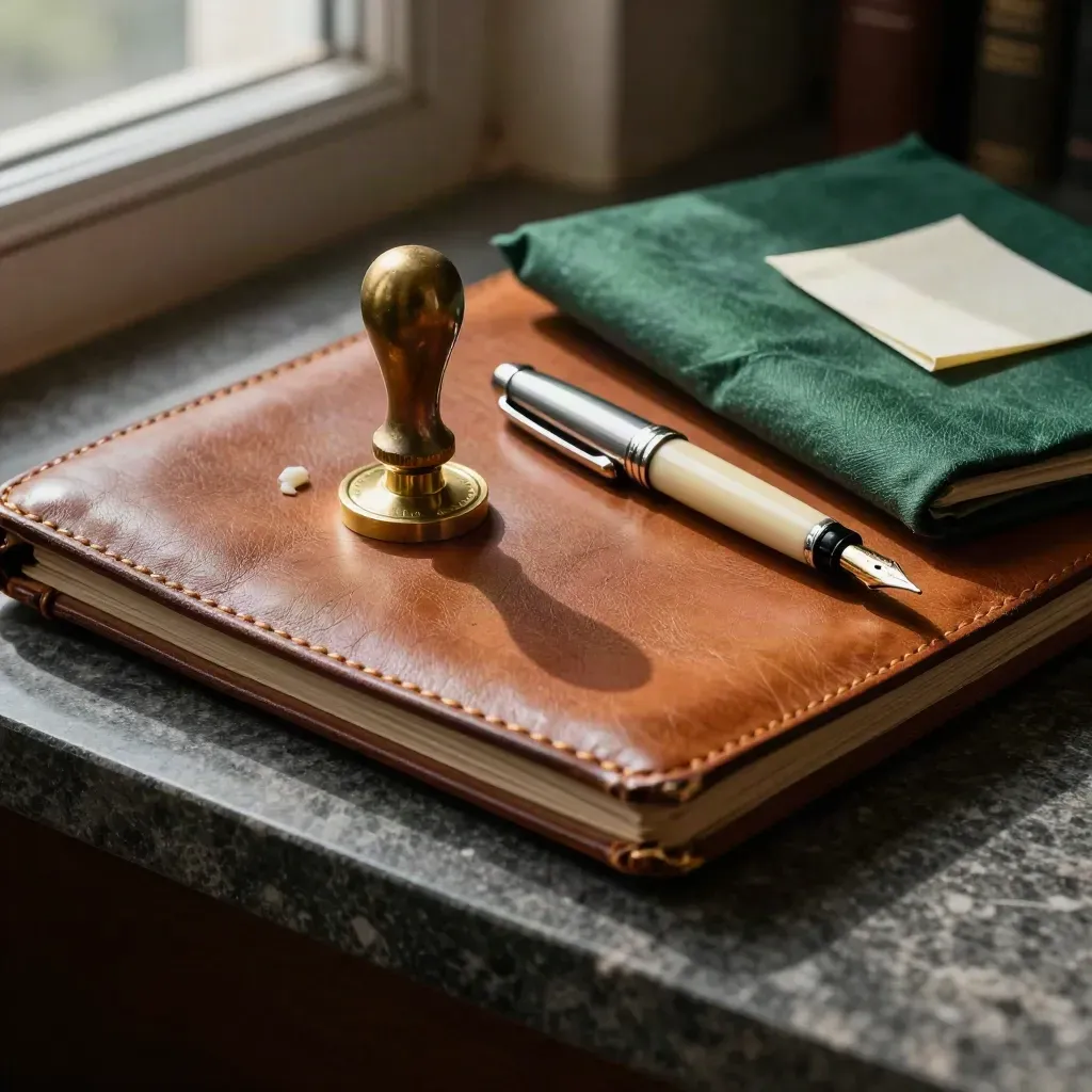 Leather mandate folio, brass seal and fountain pen on dark stone, lit with dramatic side light