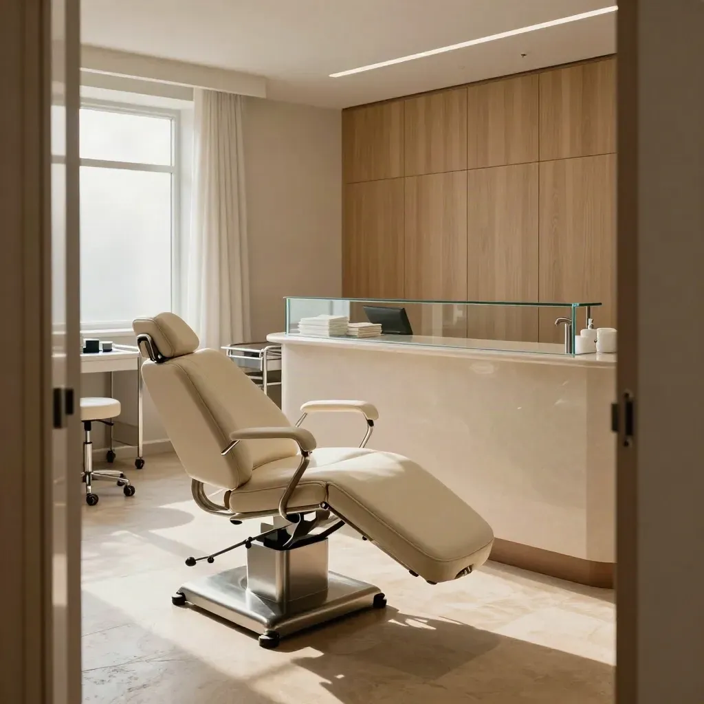 Quiet clinic interior with cream treatment chairs, closed storage and a polished reception counter.