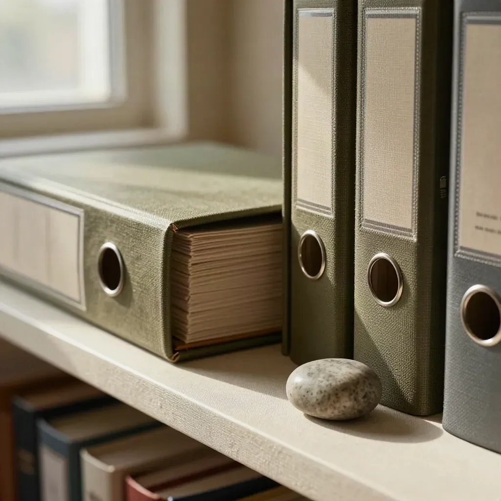 Close-up of olive portfolio binders, cloth tabs and a stone paperweight on pale linen.