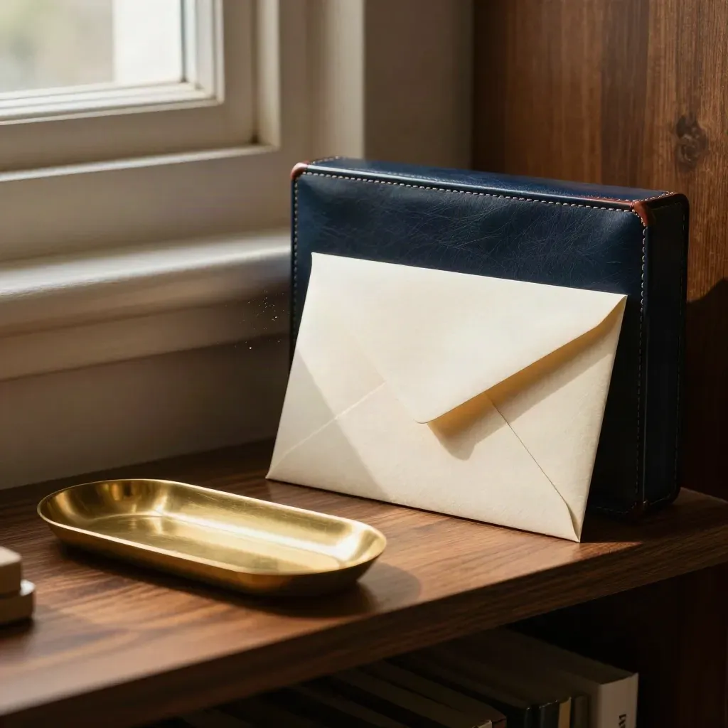 Ivory presentation envelopes, navy leather case, and brass tray on a dark shelf in soft window light.