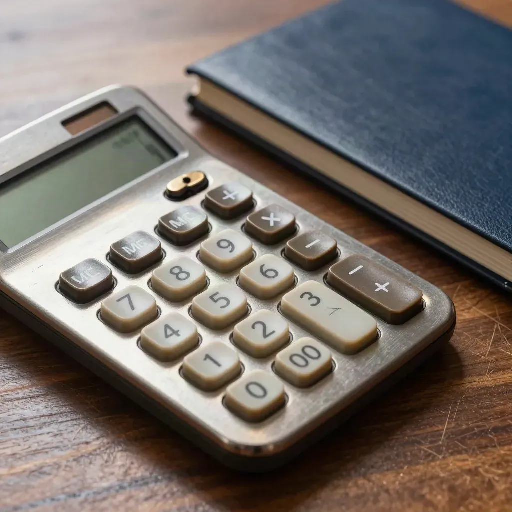 Macro still life of a calculator, bronze weight, and closed valuation notebook on walnut wood.