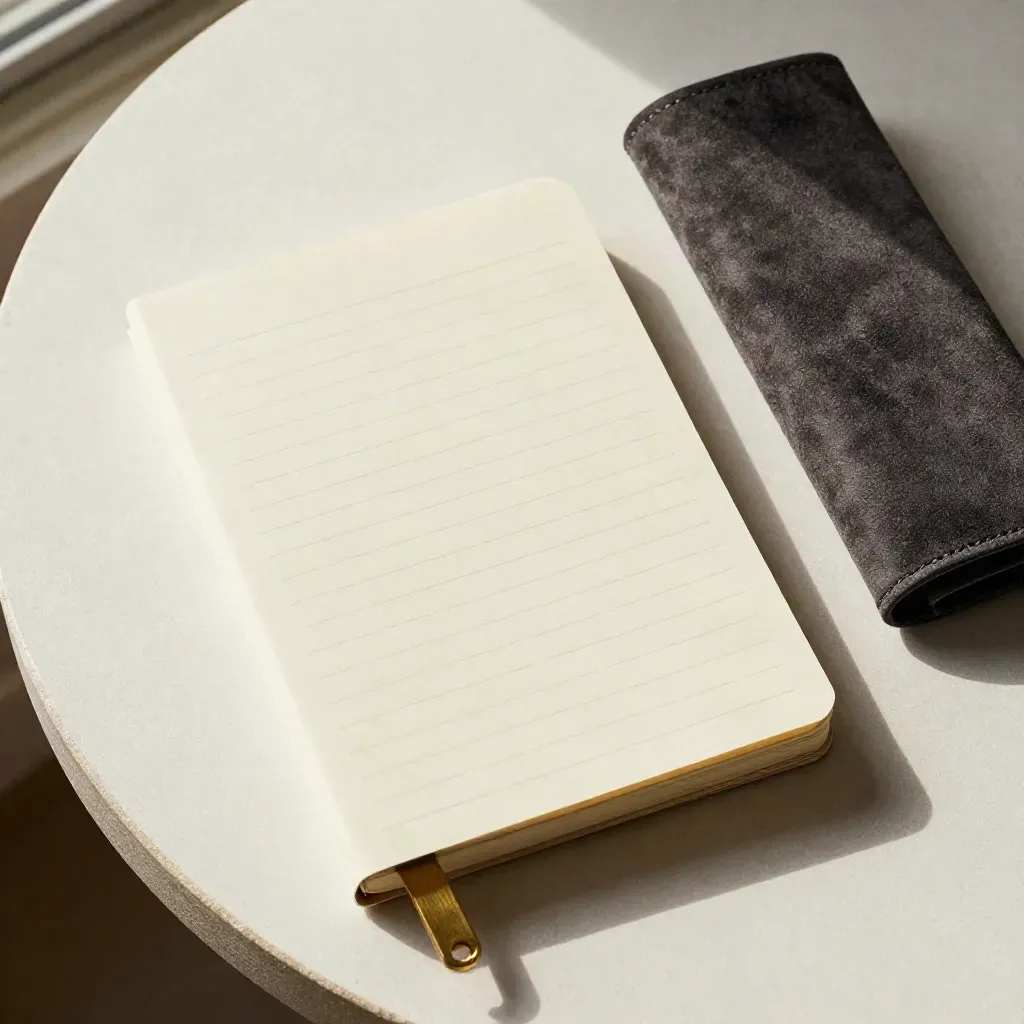 Closed oatmeal notebook, brass bookmark, cream tabs and dark pencil case on a pale plaster flatlay.