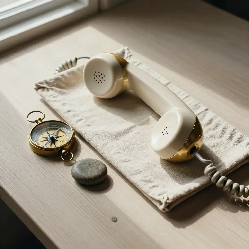 A navy desk handset, brass compass and stone paperweight on a linen tray in soft daylight.