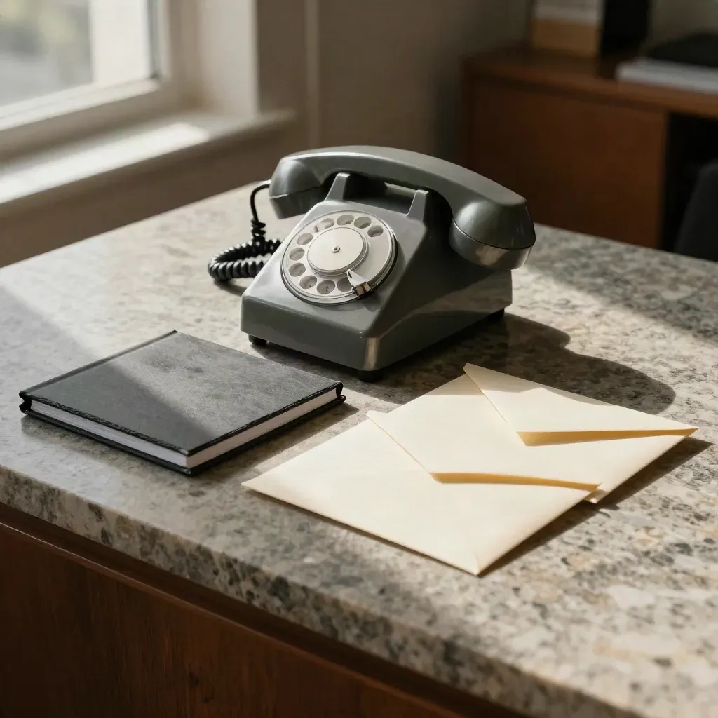 Stone flatlay with rotary phone base, sealed envelopes and closed binder for outreach.