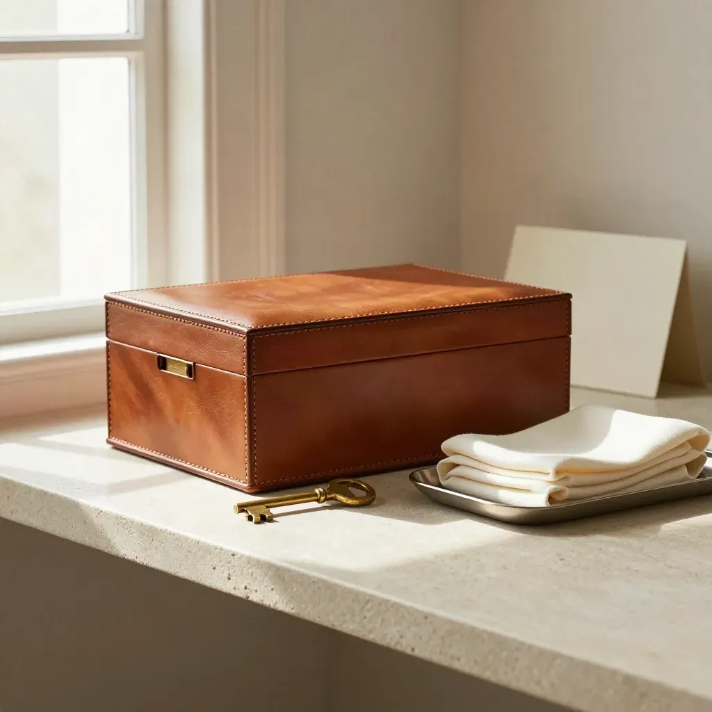 Leather archive box, brass key and folded cloth on a pale stone shelf