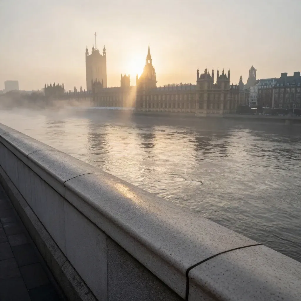 London skyline over the Thames at sunrise, misty Westminster and City silhouettes above a calm river