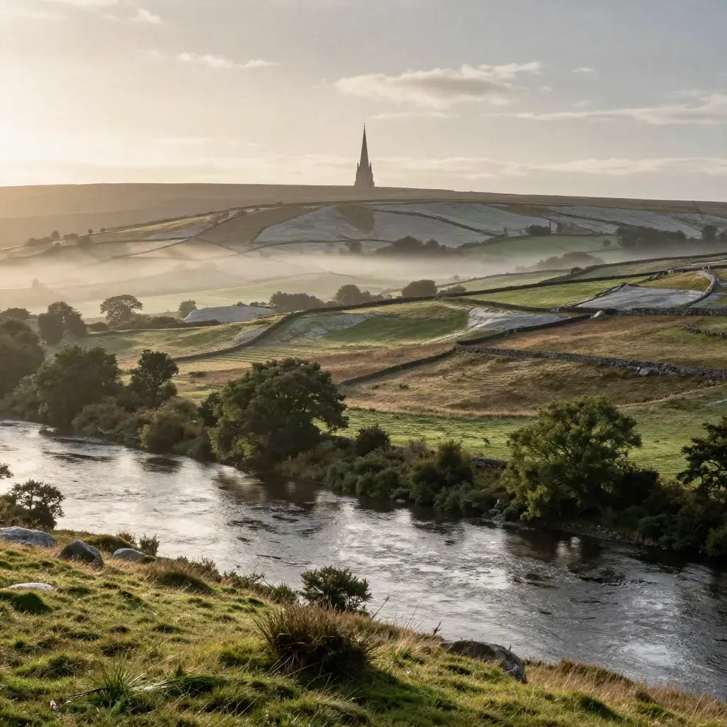 Chalk downs and river meadows with a distant cathedral spire under warm rain haze