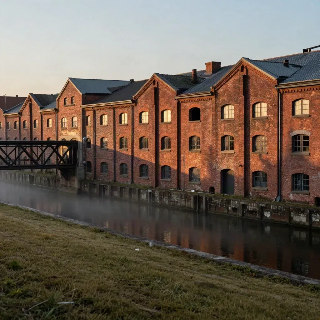 Golden-hour West Midlands canalside warehouses and steel bridges above calm water and haze.