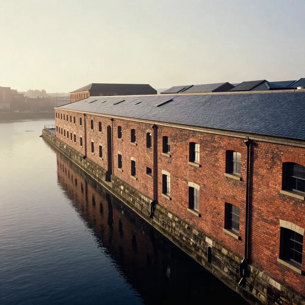 Liverpool dockside brick and calm reflective water under a pale dawn sky