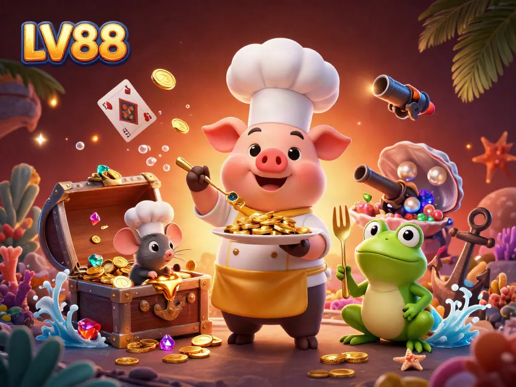 Experience the excitement of LV88 with vibrant 3D cartoon characters serving jackpot treasures.