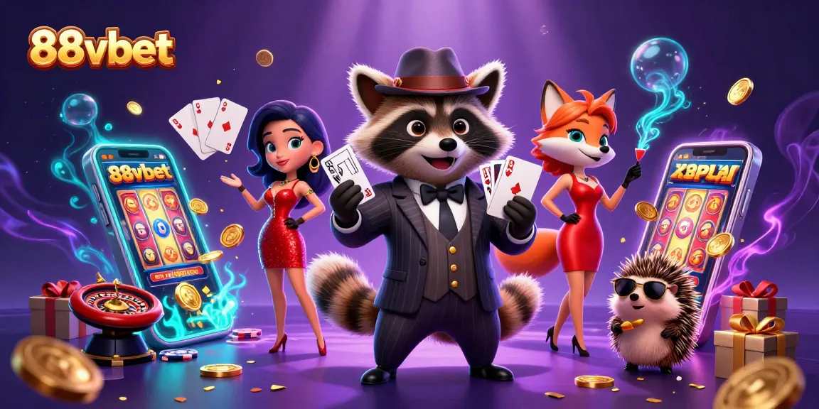 88vbet brings excitement with a raccoon, fox, and hedgehog in a colorful casino scene