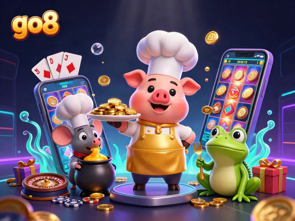 Engage with go8 slots as a chef pig presents gold coins while a frog critiques the excitement.