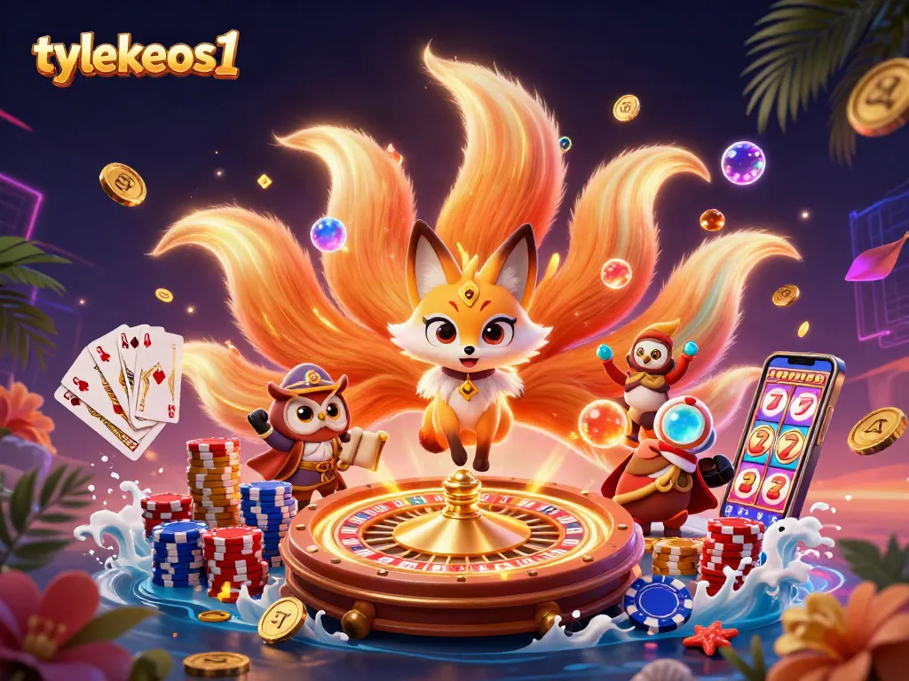 Engage with tylekeos1's vibrant online casino experience through a 3D illustration showcasing dynamic gaming elements.