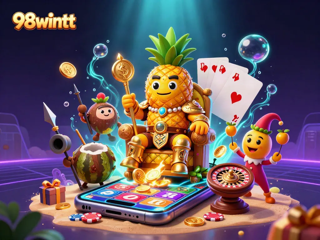 Engage with 98wintt's colorful casino scene featuring golden characters and dynamic gaming elements.