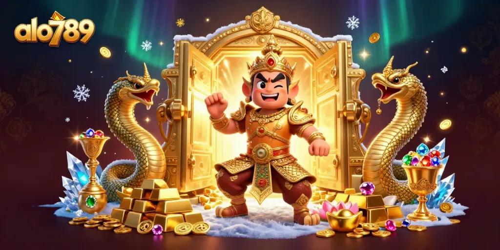 Alo789 showcases thrilling gaming scenes with mythical guardians, treasure, and rich casino elements.