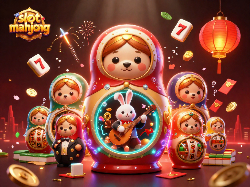 Engage with slot mahjong through vibrant characters and festive elements in this 3D scene.