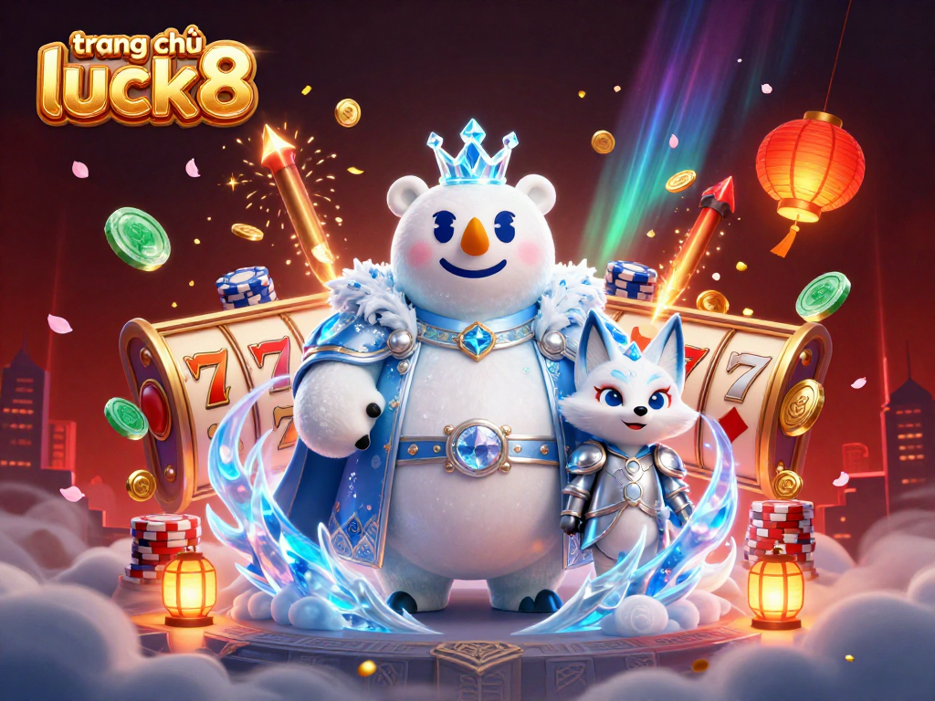 Experience the excitement of vui chơi trang chủ luck8 with an enchanting 3D casino illustration featuring a polar bear king and a fox.