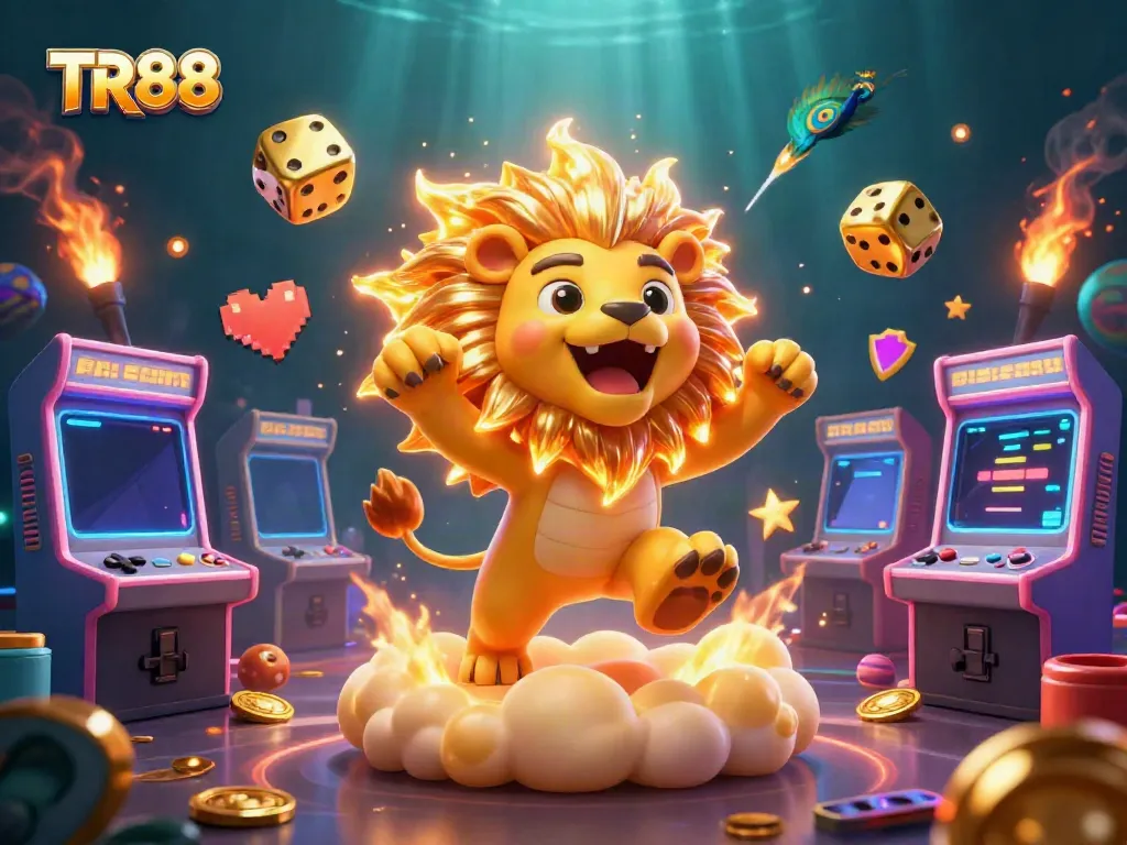 Experience thrilling gameplay at TR88 while interaction with vibrant 3D casino-themed characters in an immersive scene.