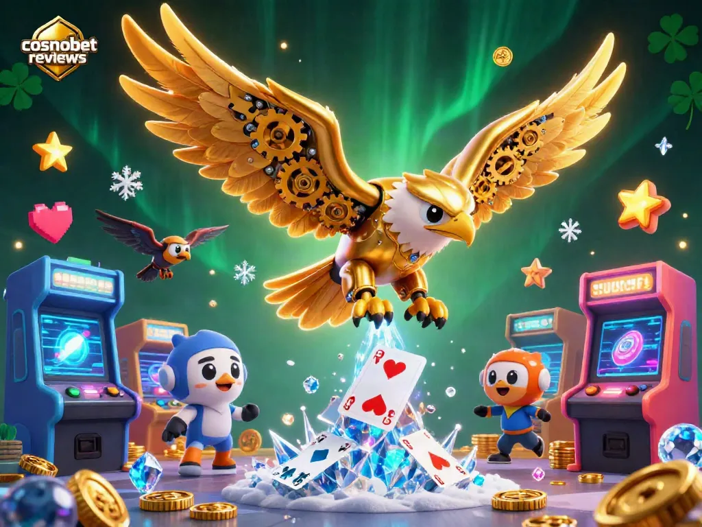 Experience exciting gameplay with cosmobet reviews showcasing a cybernetic eagle amidst a vibrant casino scene.