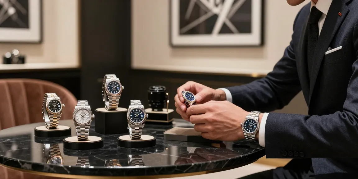 rolex super clone watches displayed elegantly in a modern boutique with a customer inspecting features of the timepieces