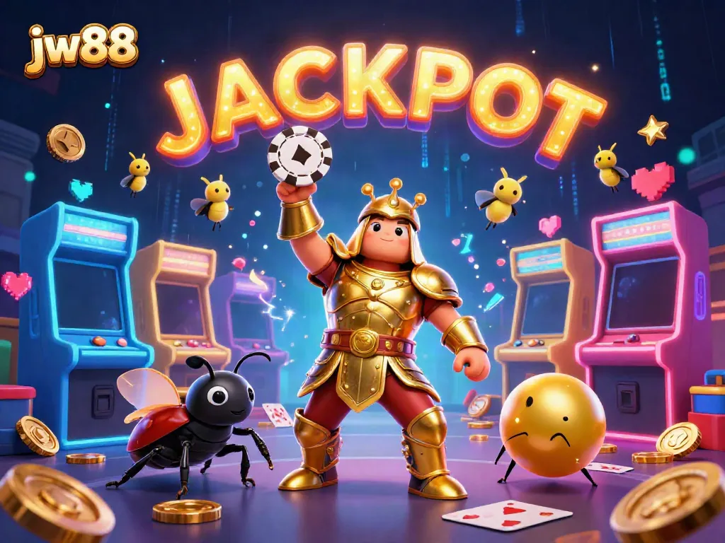 The jw88 brand shines through a vibrant casino scene with a gladiator beetle winning a poker chip.