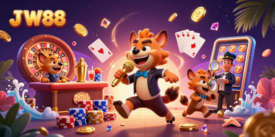 Engage in fun at J W88 with a dynamic casino scene featuring hyenas in a comedy club.