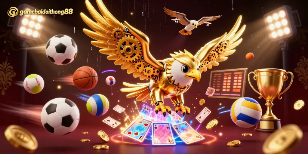 Experience the thrill of gamebaidoithuong88 with an exhilarating 3D scene of a golden eagle amidst dynamic gambling elements.
