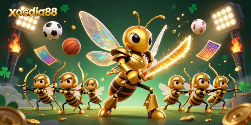 Experience xocdia88 with a vibrant samurai hornet leading a sports-themed casino adventure.
