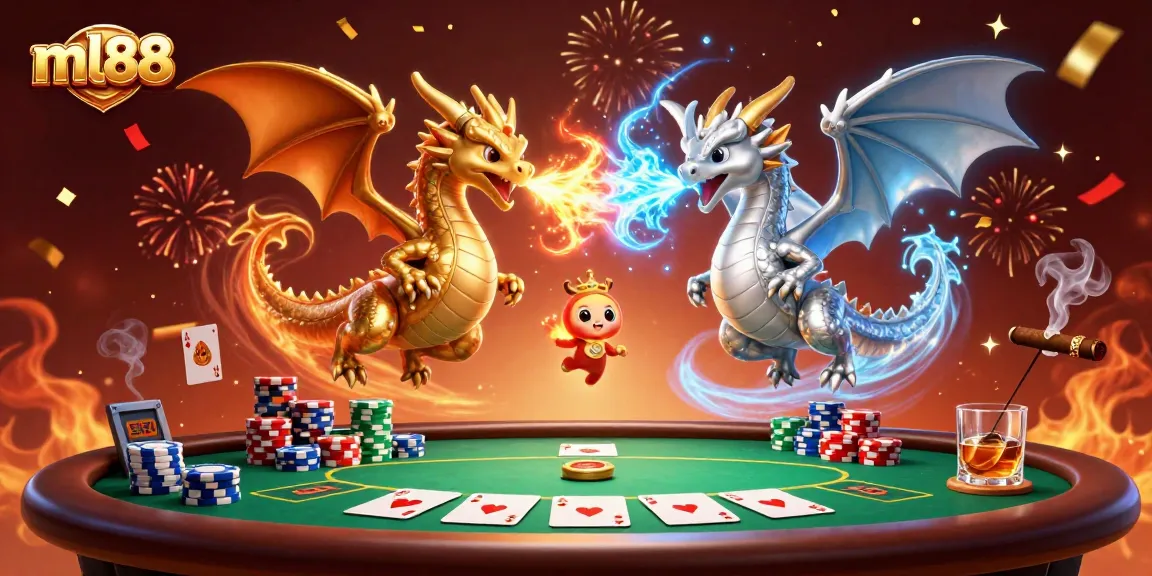 Experience the thrilling magic of ml88 with a dynamic casino scene featuring fiery dragons and poker action.