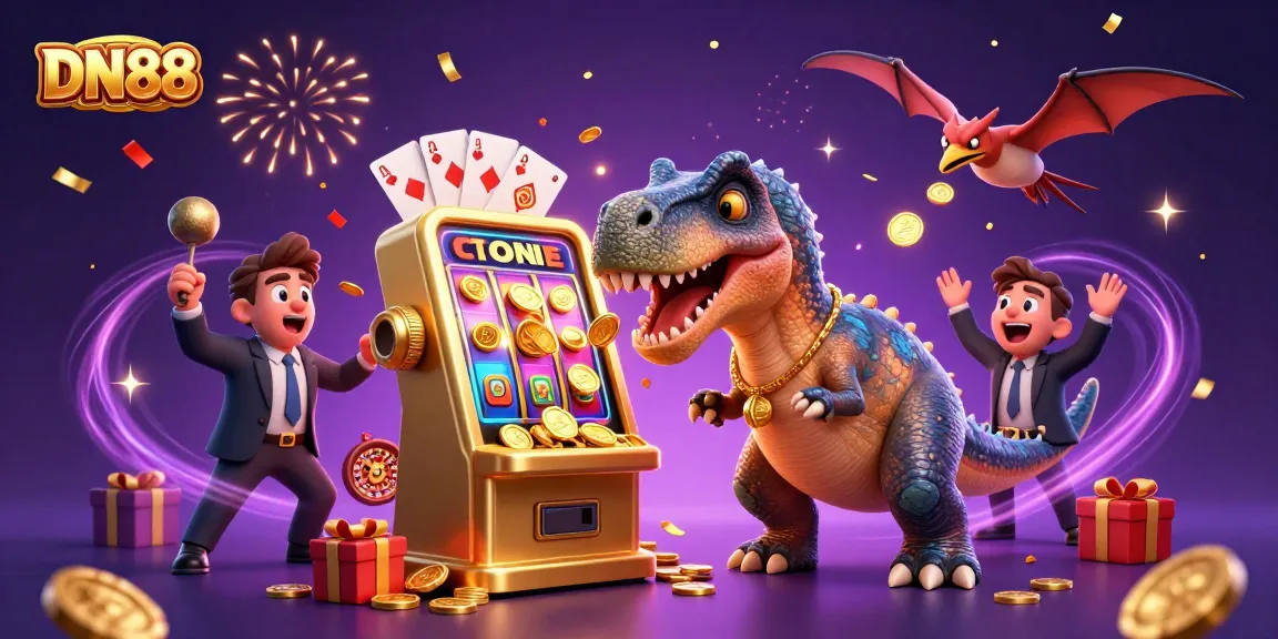 DN88 illustration showing a dinosaur winning jackpot coins while a casino manager panics in excitement.