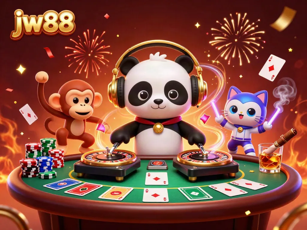 Join the celebration at jw88 with a vibrant 3D scene featuring a DJ panda and breakdancing animals.
