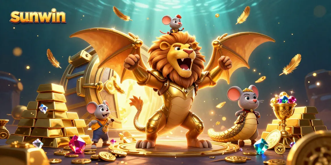 Experience the thrill of Sunwin with a dynamic treasure scene featuring a golden chimera and lavish casino elements.
