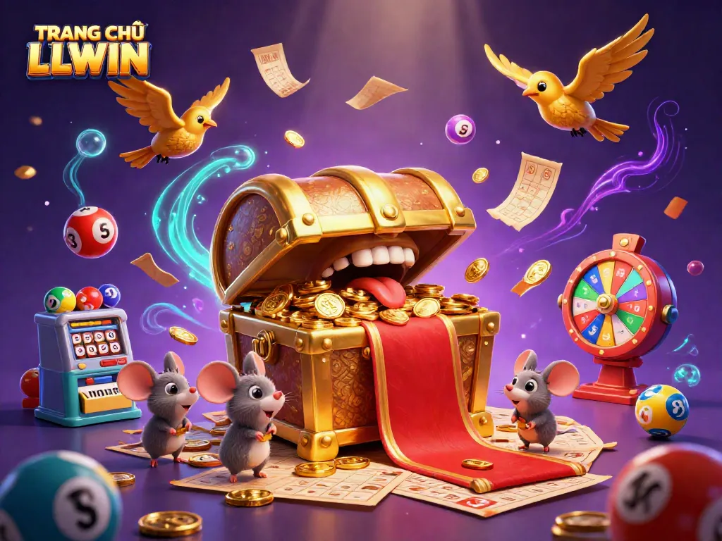 Join the adventure at TRANG CHỦ LLWIN with a golden treasure chest and exciting lottery games.