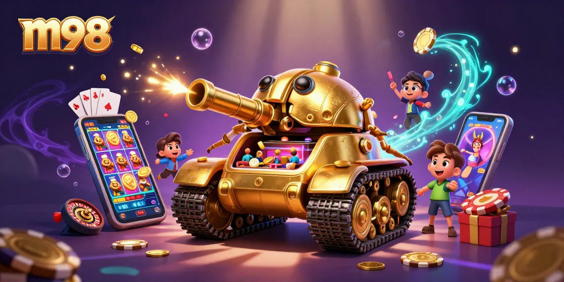 Experience thrilling m98 gaming with a dynamic casino scene featuring vibrant slots and golden coins.