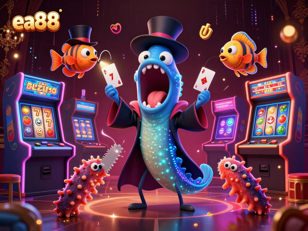 ea88 showcases a bioluminescent eel magician and casino-themed elements in a vibrant 3D illustration.