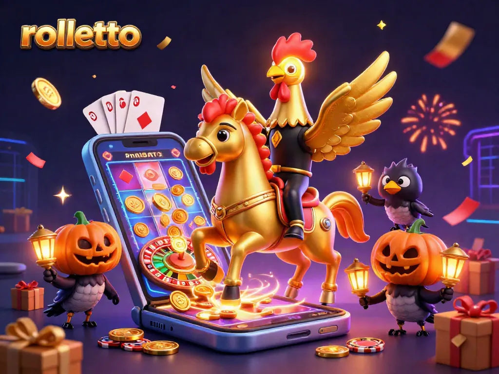 Engage with rolletto's thrilling casino scene featuring a golden rooster and festive game elements.
