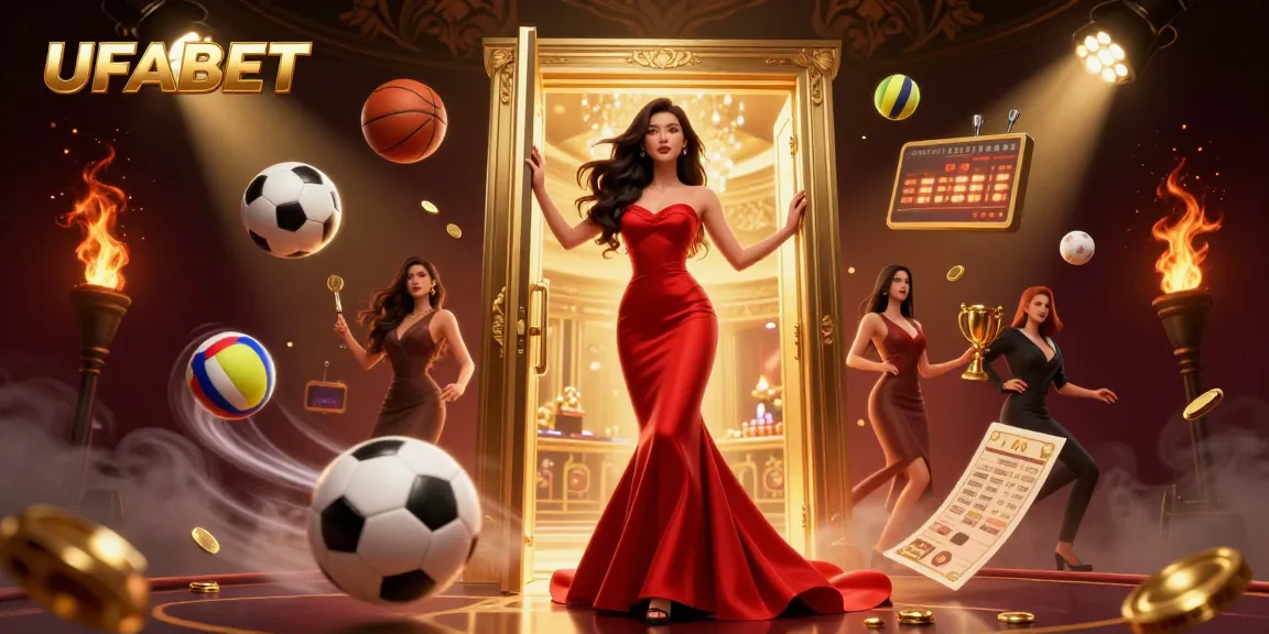 Experience the thrill of betting with UFABET in a vibrant casino setting, with dynamic sports elements.