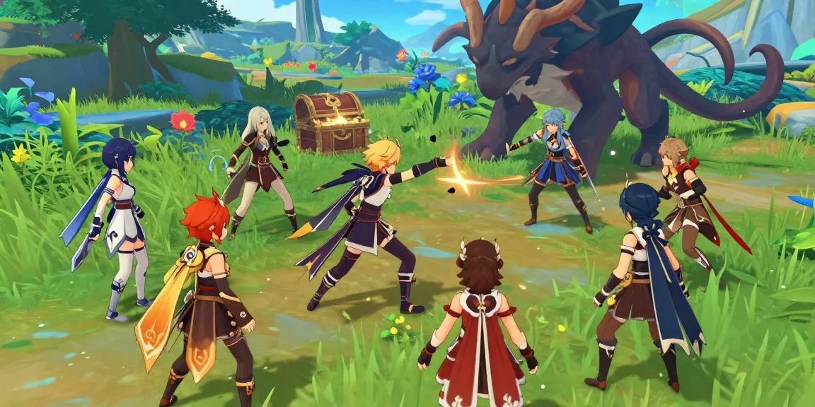 Fantasy scene of characters playing a hentai game in a vibrant landscape, showcasing adventure and excitement.