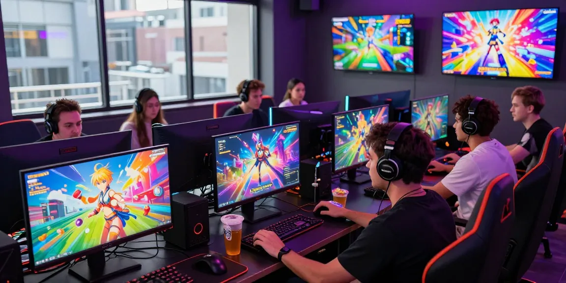 Engaged gamers playing hentaigames in a vibrant gaming lounge environment with high-tech setups.