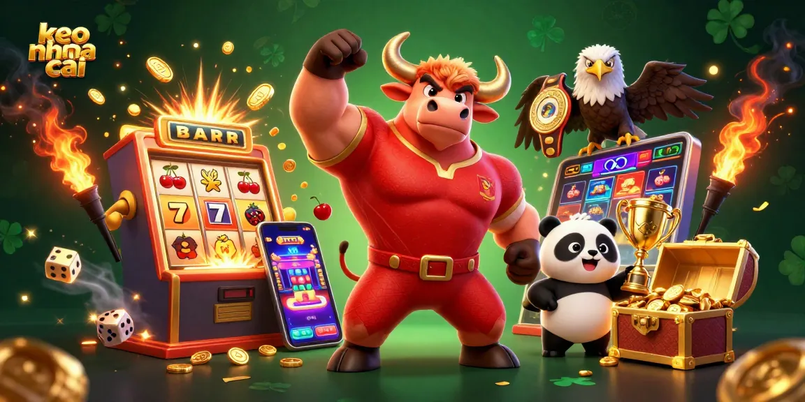 Experience the excitement of keo nha cai with a dynamic 3D casino scene featuring a bull, eagle, and panda amidst a jackpot explosion.