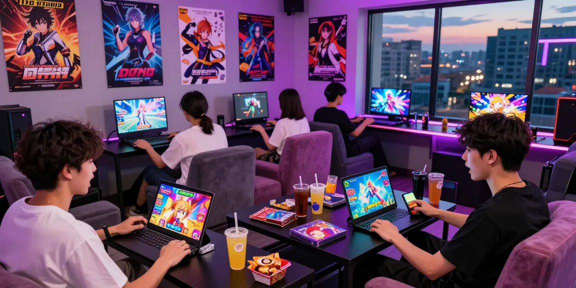 Players enjoying ecchi games in a vibrant gaming lounge filled with colorful graphics and merchandise.